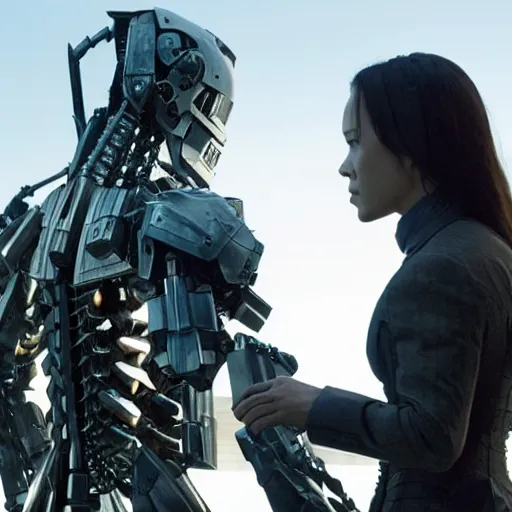 Prompt: cinematic still from westworld and real steel, very close shot of intricate ornate armored core upper body by fujioka kenki and by mamoru nagano,