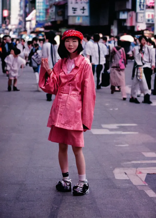 Prompt: a street fashion photograph of a cute japanese woman in 9 0 s fashion, in tokyo akihabara, shot on cinestill 5 0 d with a 3 5 mm at f / 2. 8 lens, print magazine quality, realistic photograph, nineties nostalgia, 4 k