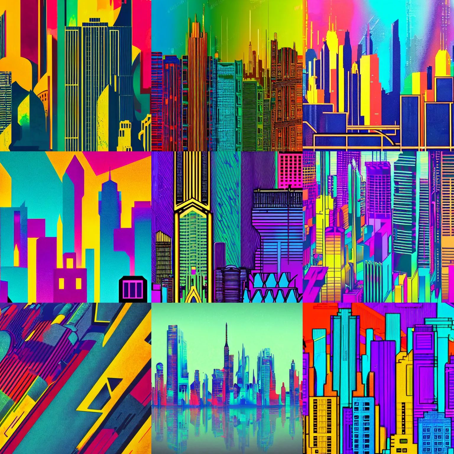 Prompt: detailed photo of a colorful cyberpunk Art Deco skyline
