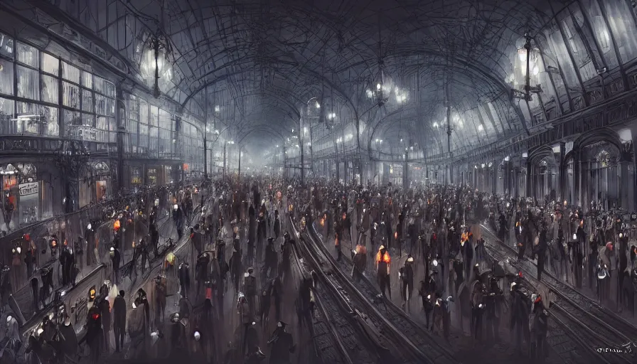 Image similar to neo - gothic gotham city crowded train station with trains, outside, night, hyperdetailed, artstation, cgsociety, 8 k