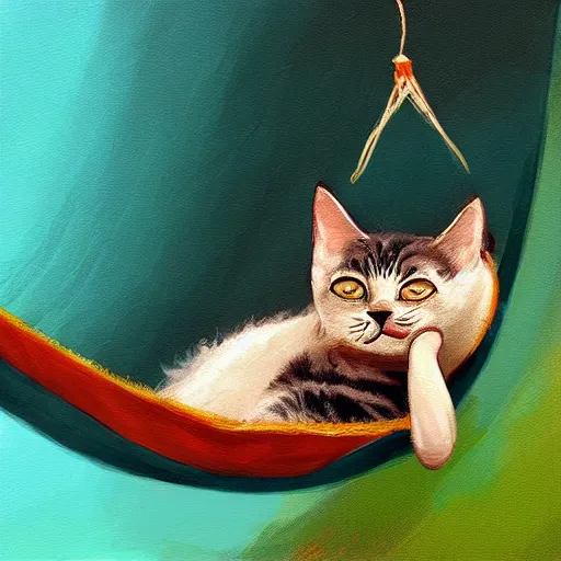 Image similar to a cat sleeping in a hammock, digital painting, ultradetailed, artstation, oil painting, ultradetailed, artstation