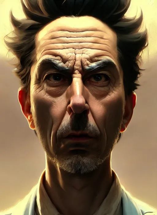 Prompt: concept art by artgerm, amazingly dense distance portrait of a hyper realistic, frowning, sad rick sanchez by greg rutkowski, artgerm, alphonse mucha, concept art, octane render, highly detailed, high quality, 8 k, soft lighting, path traced, and uang guangjian and gil elvgren, symmetry!!