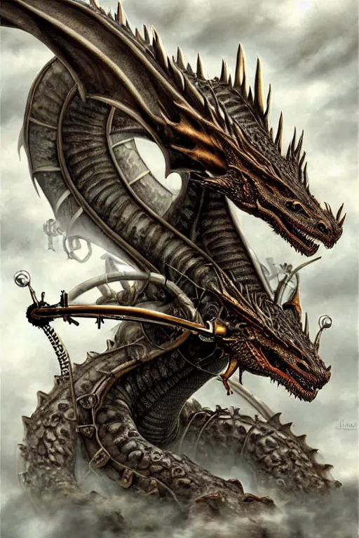 Image similar to hyper realistic dragon with steam punk tanks and tubes and breathing apparatus on its back, white background, full frame, art byjon foster