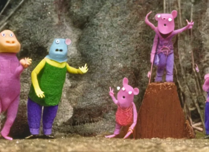 Prompt: a scene from a 1 9 8 0 s british kids tv programme by the bbc and oliver postgate, stop motion animation, the clangers, vhs distortion, folk horror
