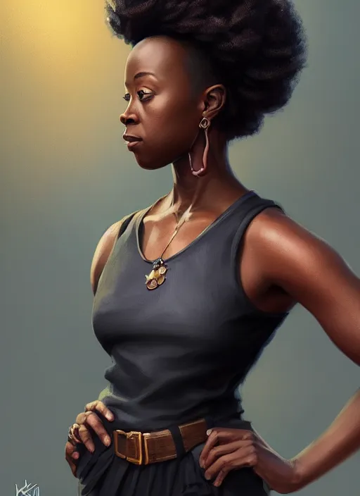 Prompt: 3/4 portrait of Kirby Howell-Baptiste wearing a modern black tank top, art nouveau, D&D, fantasy, elegant, highly detailed, digital painting, artstation, concept art, matte, sharp focus, illustration, art by Artgerm and Greg Rutkowski and WLOP