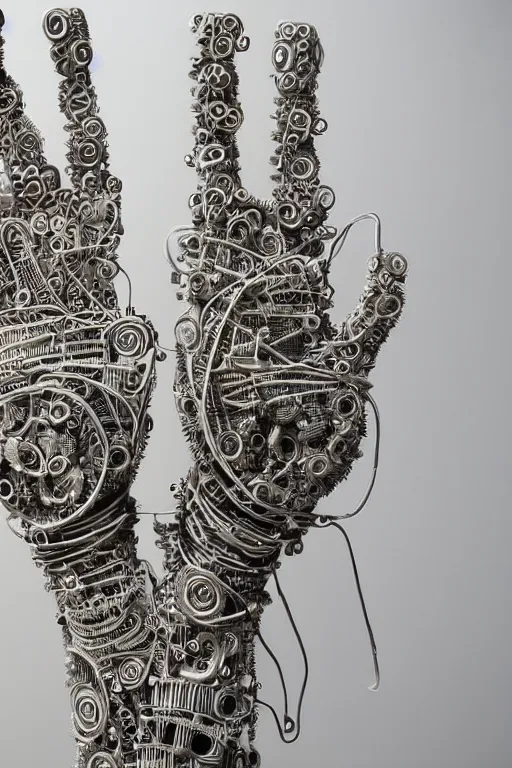 Image similar to cybernetic robotic hand made of intricate gears, wires and ceramics, engraved with sanskrit writing