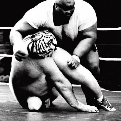 Image similar to big rex johnson wrestles a tiger. memphis 1 9 8 4.