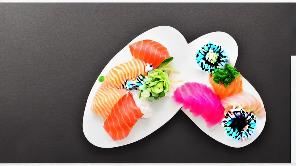 Prompt: an arrangement sushi on a white ceramic platteri, japan, a collage painting, in the style of wes anderson, lola dupre, david hockney, isolated on negative white space background dark monochrome neon spraypaint accents volumetric octane render