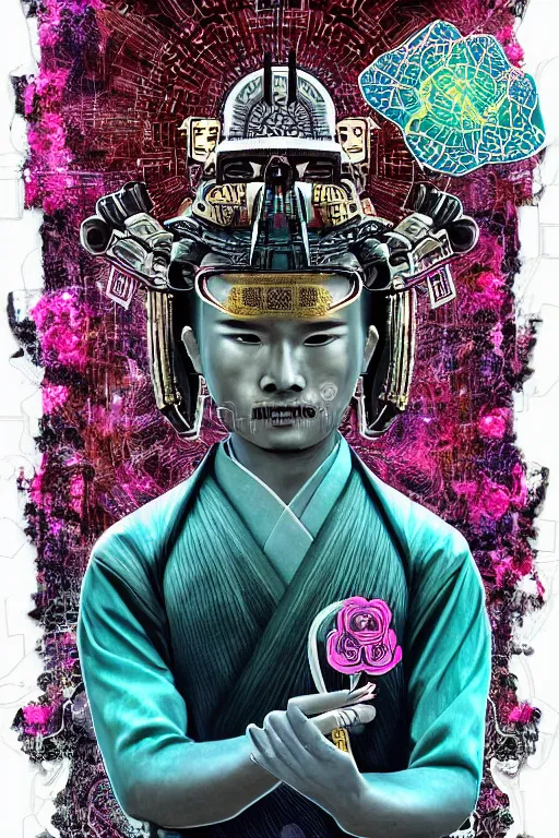 Image similar to opalescent retrofuturistic digital airbrush illustration of a samurai wearing an ornate microprocessor headpiece and holding a flower with a map of the collective subconscious in the background by luigi patrignani