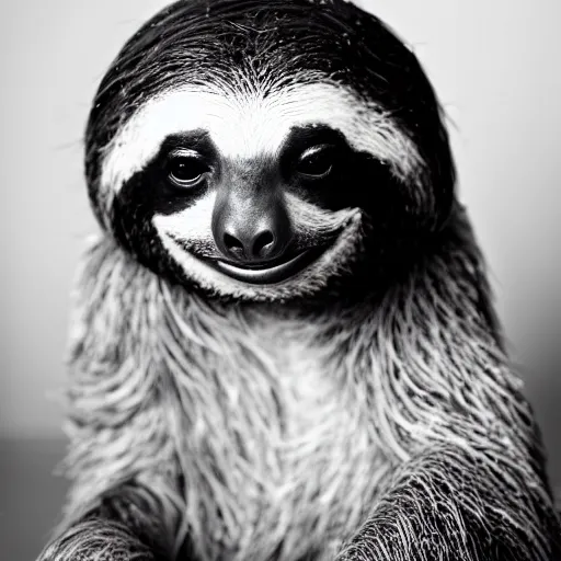 Prompt: black and white studio portrait photo of a cute sloth