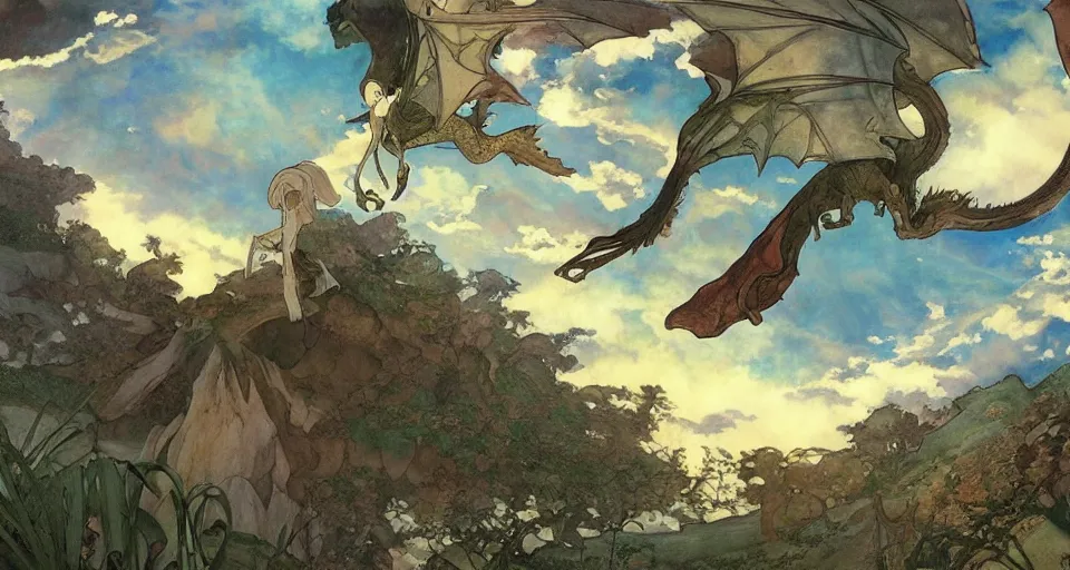 Prompt: A beautiful landscape painting of dragons flying to a nesting spot by Alfons Maria Mucha and junji ito and Makoto Shinkai