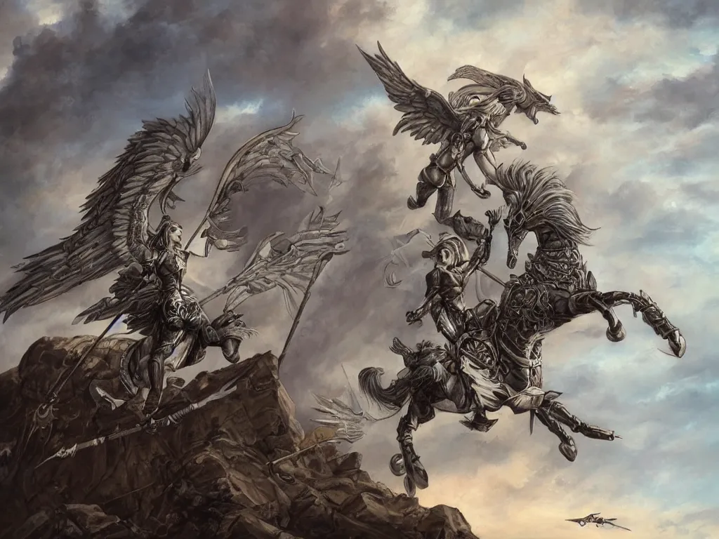 Image similar to valkyrie on pegasus, epic scene, style of brom, highly detailed