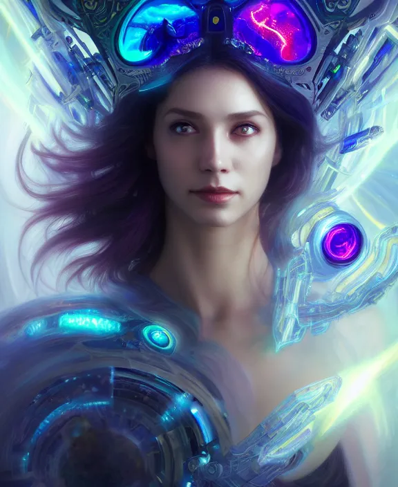 Image similar to a whirlwind of souls rushing inside the metaverse, half body, glowin eye, tiara with sapphire, pharaoh, android, cyborg, cyberpunk face, d & d, fantasy, intricate, elegant, highly detailed, colorful, vivid color, digital painting, artstation, concept art, art by artgerm and greg rutkowski and alphonse mucha and ruan jia