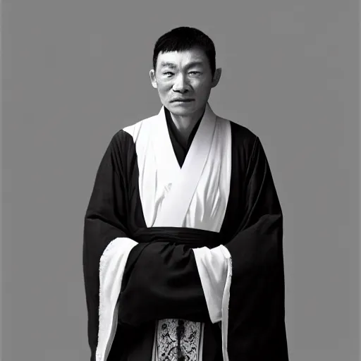 Prompt: portrait painting of a 3 5 - year - old chinese man, taoist priest, dressed in black and white taoist robe, like andy lau, immortal bone, affable ， wenjun lin, unreal engine 5 highly rendered, global illumination, radiant light, detailed and intricate environment