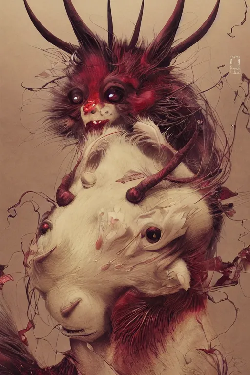 Image similar to a japanese devil animal illustrated by miyazaki by karol bak, james jean, tom bagshaw, rococo, sharp focus, trending on artstation, cinematic lighting, hyper realism, octane render, 8 k, hyper detailed, vivid, ultra detailed, highly detailed