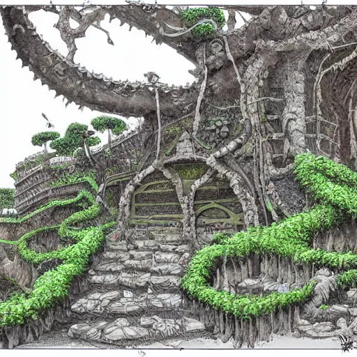 Image similar to hyper-detailed concept art for an ancient underground shrine with lots of vines and moss growing by masashi kishimoto