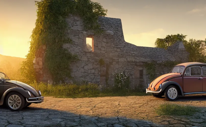 Image similar to a vw beetle parked near a small medieval stone house at sunrise, concept art, octane render, unreal engine 5, trending on artstation, high quality, 8 k, soft lighting, path traced, hyperrealistic, highly detailed, digital art, symmetrical, cinematic, high coherence, godrays