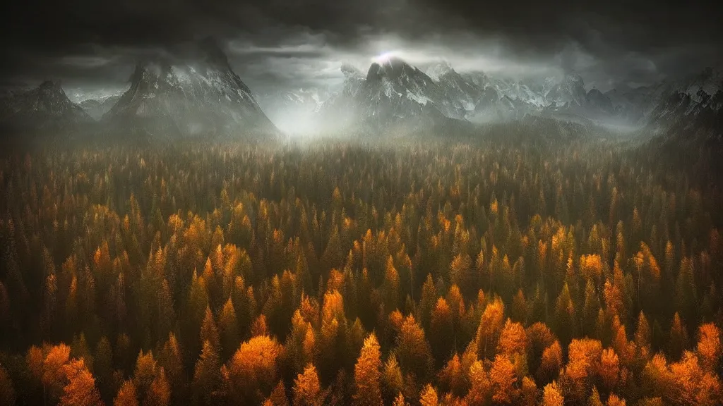 Image similar to amazing landscape photo of a dark forest of despair and misery with lake by marc adamus, beautiful dramatic lighting