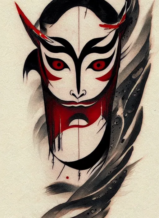 Image similar to kabuki mask tattoo design by greg rutkowski