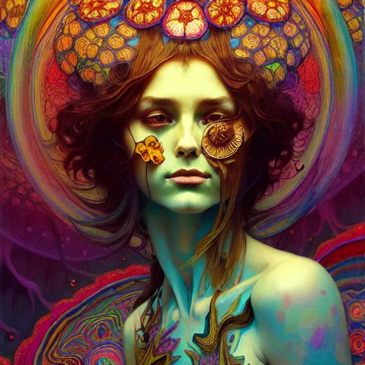 Prompt: An extremely colorful psychedelic experience, reality bending, magic mushrooms, psilocybin, LSD, face, detailed, intricate, elegant, highly detailed, digital painting, artstation, concept art, smooth, sharp focus, illustration, art by Krenz Cushart and Artem Demura and alphonse mucha