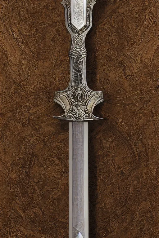 Image similar to sword of justice hanging on a wall, ornate gem in pommel, engraved blade, serrated point, herringbone floor, low angle, museum display, greg rutkowski