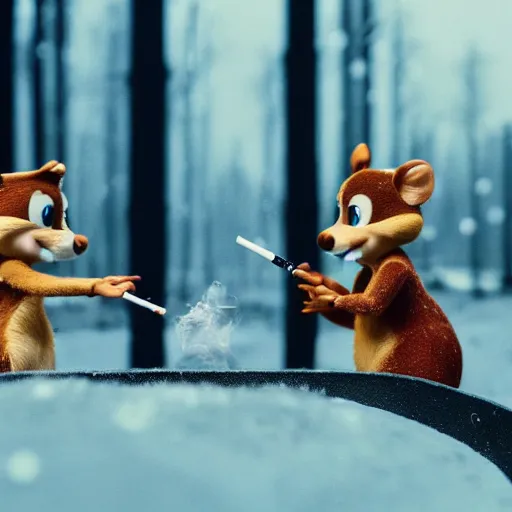 Prompt: realistic macro photo of Chip and Dale smoking cigarettes, winter, Plattenbau houses at the background