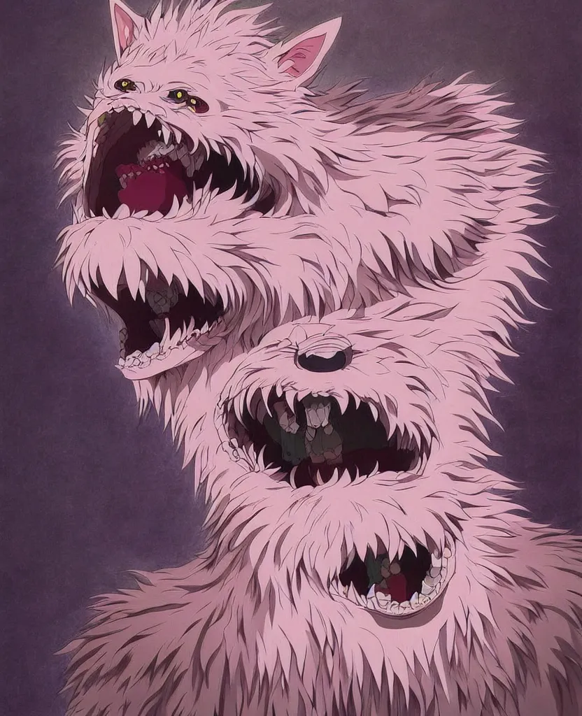 Image similar to beautiful painting from the anime film by studio ghibli, pink anthropomorphic werewolf human hybrid, drooling teeth bared, fur, trending on artstation, by raqib shaw and MC Escher