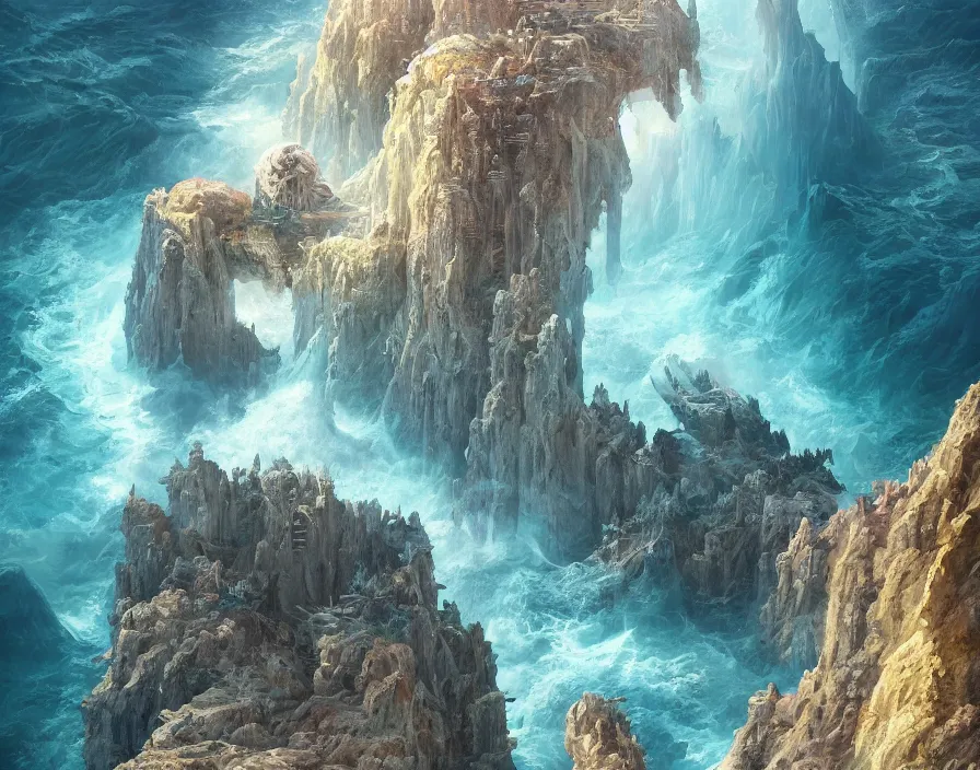 Image similar to fantasy painting of a cliff in the shape of a skull overseeing a vast ocean, complex, detailed, intricate abstract. delicate artwork. by Tooth Wu, wlop, beeple, dan mumford. octane render, trending on artstation, greg rutkowski very coherent symmetrical artwork. cinematic, hyper realism, high detail, octane render, 8k, depth of field, bokeh. chrome accents.