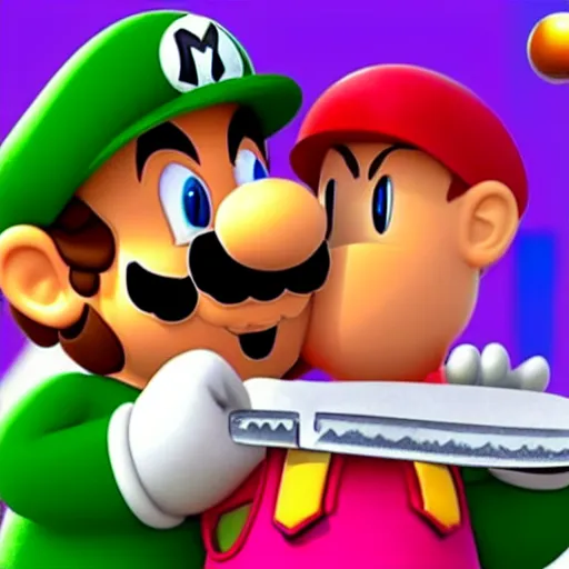 Image similar to Super Mario eating Luigi with a knife and fork on a toad mushroom