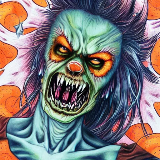 Image similar to hyper realistic colored pencil drawing of zombie wolverine, space background, unlimited detail, colored, space, dragon, intricate, detail, phoenix, orange by harumi hironaka art gem, cg society