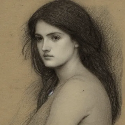 Prompt: pencil drawing of a woman, John William Waterhouse, Rossetti, John Everett Millais, serene, pre-Raphaelite, detailed, 19th-century