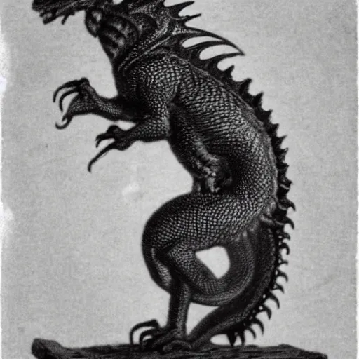 Prompt: victorian photograph of a real dragon, rutowski, highly realistic, scaly, grainy photo, very blurry, creature, faded, taken in the 1 8 8 0 s, 1 8 7 0 s, 1 8 9 0 s