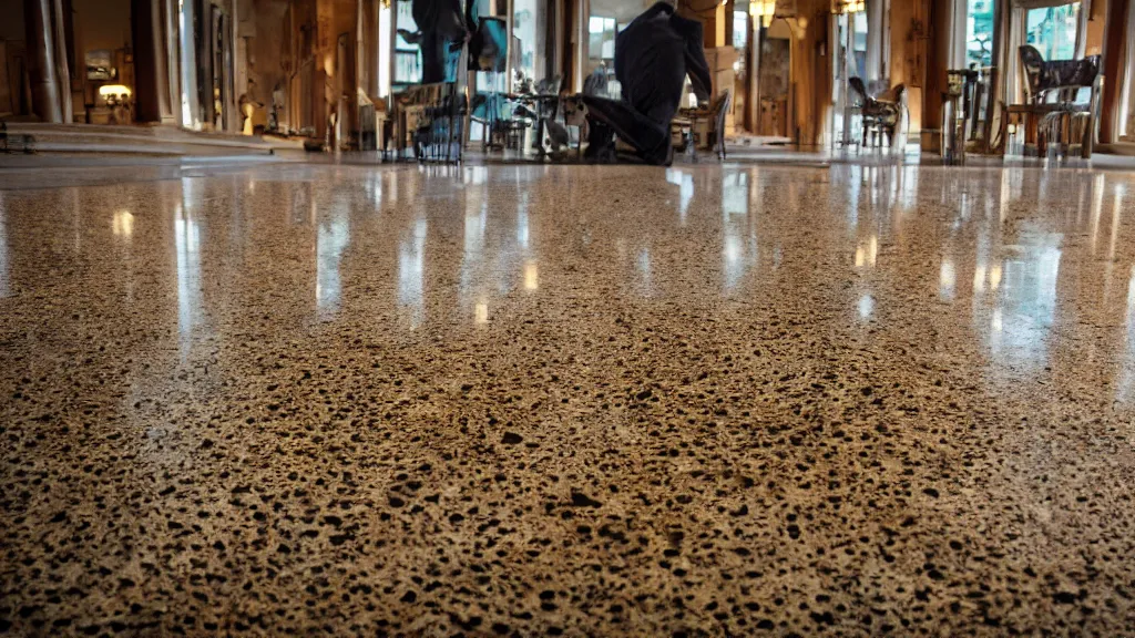 Image similar to dustpunk freckled butler floor in a bright lobby, iso 2 0 0