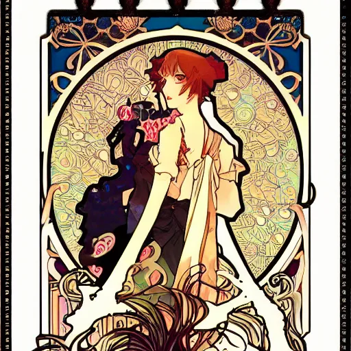 Image similar to anime manga ornaments illustration style by Alphonse Mucha and James Roper pop art pattern nouveau