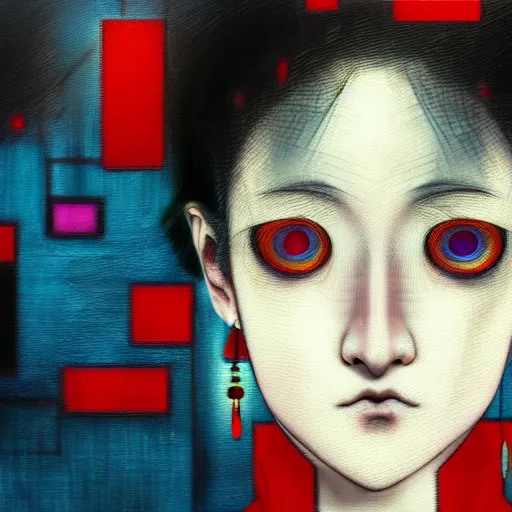 Image similar to yoshitaka amano blurred and dreamy realistic three quarter angle horror portrait of a sinister young woman with short hair, big earrings and red eyes wearing office suit with tie, junji ito abstract patterns in the background, satoshi kon anime, noisy film grain effect, highly detailed, renaissance oil painting, weird portrait angle, blurred lost edges