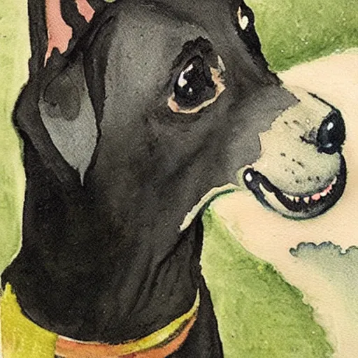 Image similar to a watercolor of a small black dog drinking beer by charles e. burchfield