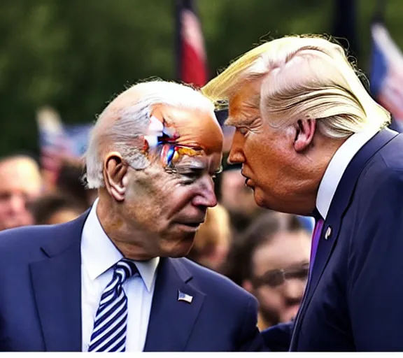 Image similar to photo of joe biden and donald trump kissing intimately as the puppetmaster pushes their heads together, hyperrealism