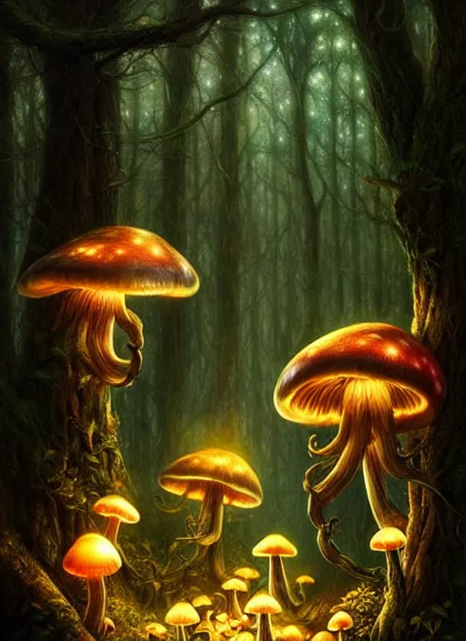 Image similar to an enchanted forest at night illuminated by glowing mushrooms, diffuse lighting, fantasy, intricate, surrealism!!!!, highly detailed, lifelike, photorealistic, digital painting, artstation, illustration, concept art, smooth, sharp focus, by greg rutkowski, chris tulloch mccabe, valentina remenar and asher duran,