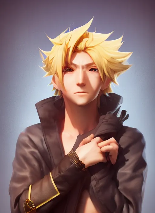 Prompt: An epic fantasy anime style portrait painting of a young blonde boy thief, unreal 5, DAZ, hyperrealistic, octane render, cosplay, RPG portrait, dynamic lighting