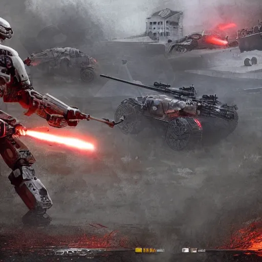 Prompt: Large scale battle of AI soldier robots fire mud and dark environment foggy epic proportions detailed