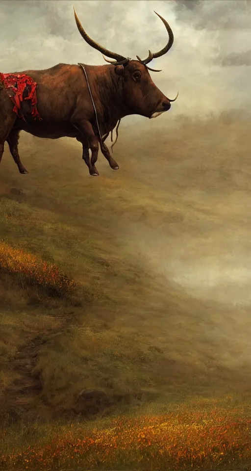 Image similar to a giant!! bull with horns decorated!!! with bells and ribbons, background is the spiral stairs, in the steppe, autumn field, misty background, from the game pathologic 2, highly detailed, sharp focus, matte painting, by rosa bonheur, by isaac levitan and asher brown durand,