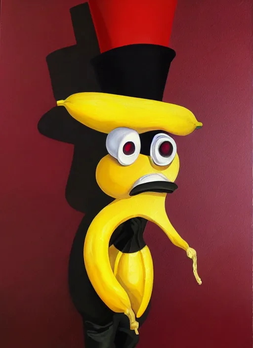 Image similar to hyper realistic painting of an anthropomorphic banana with bloodshot eyes; wearing a white shirt and white top hat; painted by Greg Rukowtski