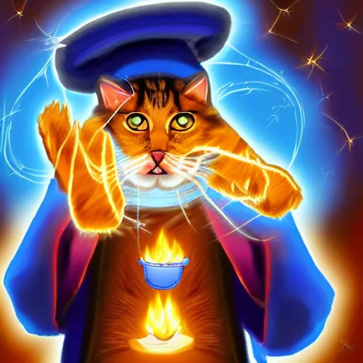 Prompt: A cat wizard wearing blue robes casting a fire spell, digital art