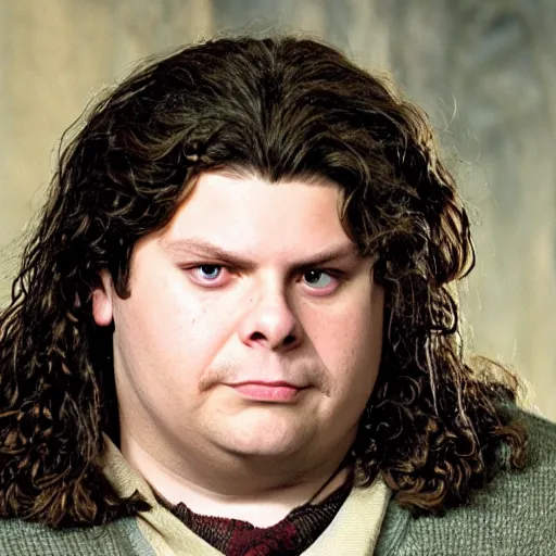 Image similar to Micheal Cera as Hagrid from Harry potter, movie still from chamber of secrets