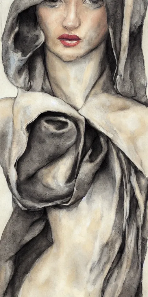 Image similar to boneyard cowl, fashion sketch 1 3 2 4. wet - on - wet grisaille on canvas, private collection