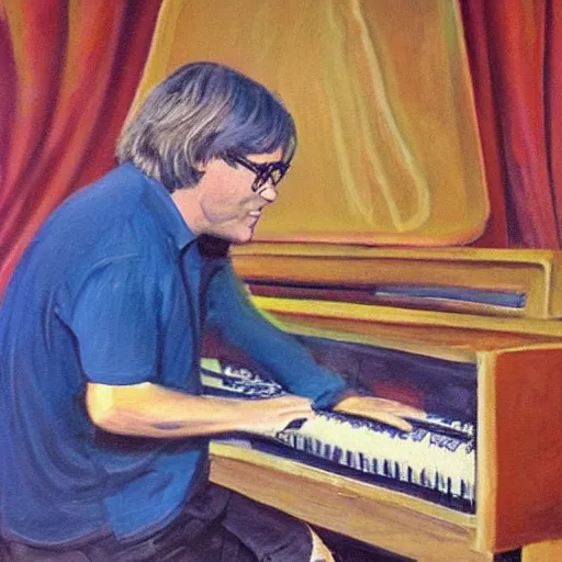 Prompt: John Sebastian playing keyboard on stage in 1967, oil painting, high detail, museum quality