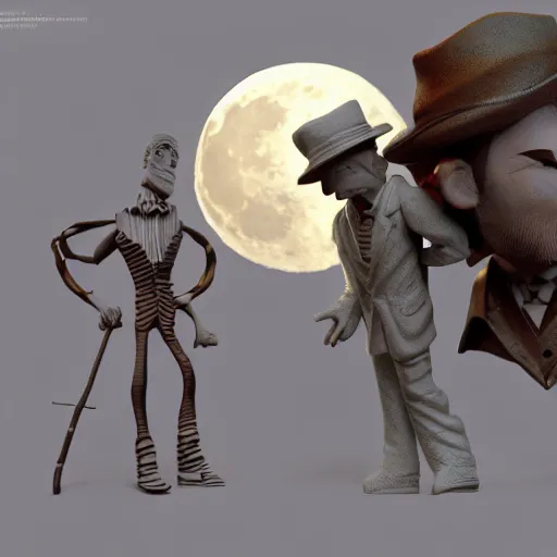 Prompt: full moon, figurines, travel, tilt shift, style of 3 d daz, occlusion, white clay, style of dave mckean, style of shuzo oshimi, style of will eisner, full of color, on white, smooth, thin sharp lines, detailed, octane render