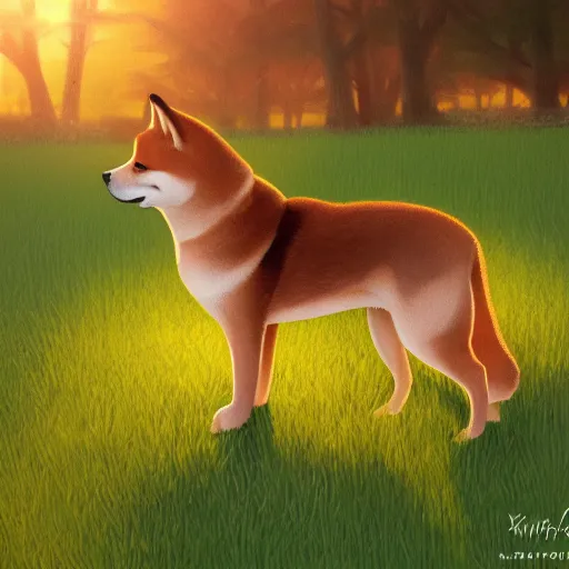 Prompt: The profile of a Shiba Inu sitting in the field, shining golden in the setting sun, illustration, trending on artstation, highly detailed