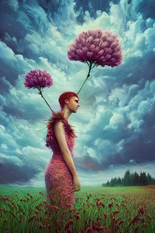 Prompt: closeup, giant flower head mohawk, woman in heather field, surreal photography, starlight, storm clouds, impressionist painting, digital painting, artstation, simon stalenhag