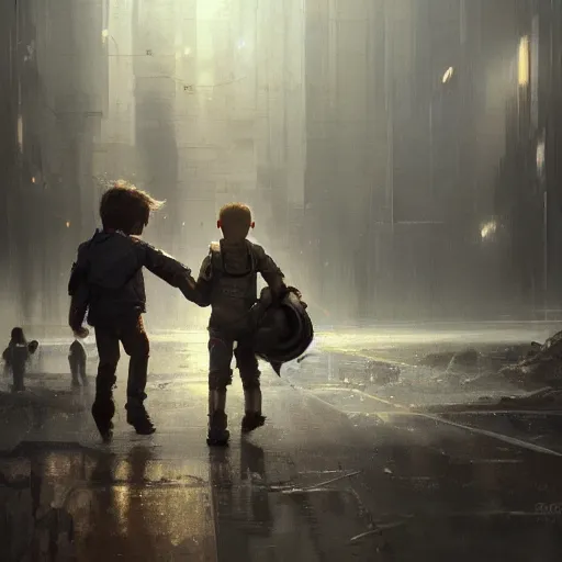 Prompt: A boy holding hands with a cyborg, trending on art station, realistic science fiction by Greg Rutkowski